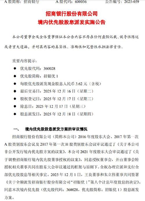 招商银行境内优先股股息派发实施公告，含派息金额及日期等