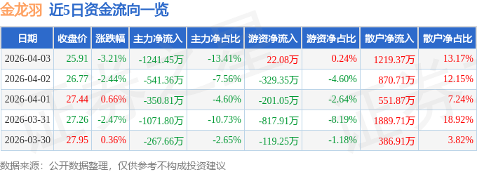 2026年4月3日金龙羽股票收盘情况及资金流向分析